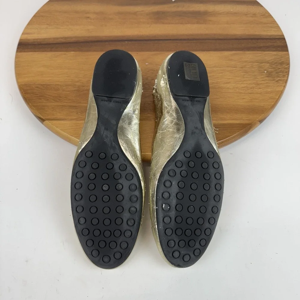 Womens Tory Burch Claire Cap Toe Metallic Gold Leather Ballet Flats‎ Size 9.5 M